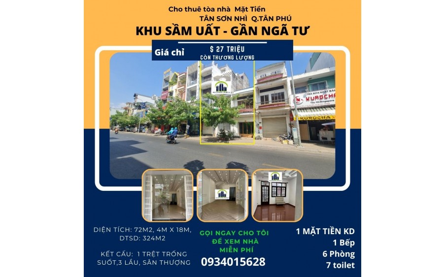 SỐC- Cho thuê nhà mặt tiền Tân Sơn Nhì 72m2, 3 Lầu+ST, 27Triệu-NGAY NGÃ TƯ